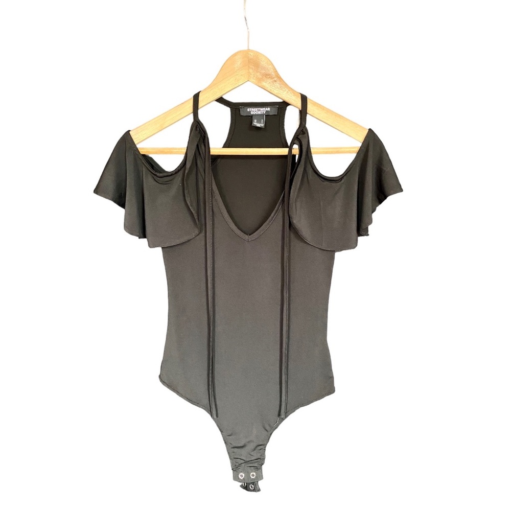 Cold shoulder tie front bodysuit in black